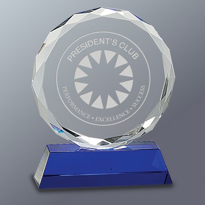 Crystal Faceted Circle Award Series on Blue Base, Medium (5"x 6"H)