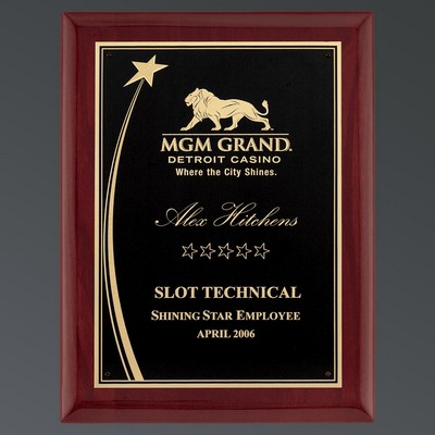 Premium Rosewood Piano Finish Shooting Star Plaque, Black Plate w/Florentine, Medium (8"x10-1/2")