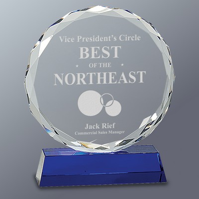 Crystal Faceted Circle Award Series on Blue Base, Large (6"x 7"H)