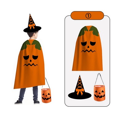 Halloween Costume Set-Cape, Witch Hat & Treat Bucket for Kids